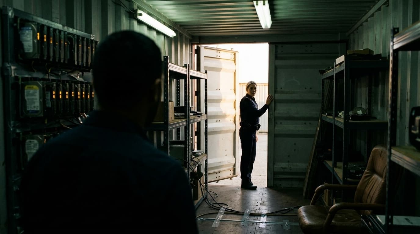 Scene III — Laia at the container door, silhouetted, Poblenou 2055